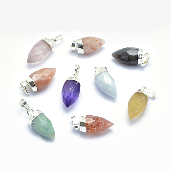 Natural Gemstone Pointed Pendants, with Brass Findings, Faceted, Bullet, Silver Color Plated, 20~21x8.5~9mm, Hole: 3x5mm