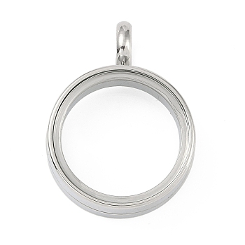 304 Stainless Stee Locket Pendants, with Glass, Flat Round Charm, Stainless Steel Color, 26x19x6mm, Hole: 5mm