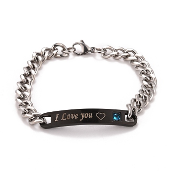 Rectangle with Word I Love You Link Bracelet with Rhinestone, 304 Stainless Steel Jewelry for Men Women, Electrophoresis Black & Stainless Steel Color, 8-1/2 inch(21.5cm)