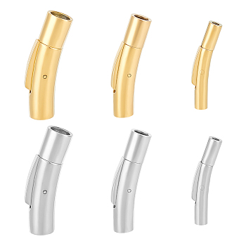 6Pcs 6 Styles Tube 304 Stainless Steel Bayonet Clasps with Push Button, Jewelry Findings, Golden & Stainless Steel Color, 25~28x4.5~7mm, Hole: 1.8~5mm, 1pc/style