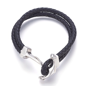 Leather Braided Cord Bracelets, with Stainless Steel Clasp, Anchor, Stainless Steel Color, 8-3/4 inch(22.3cm), 4.5~9.5mm
