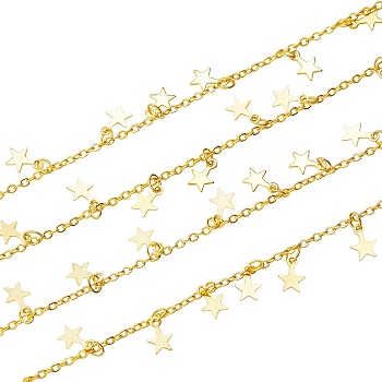Brass Cable Chains, with Charms, Soldered, Long-Lasting Plated, Star, Real 18K Gold Plated, 1.6x2x0.4mm, 2m/box