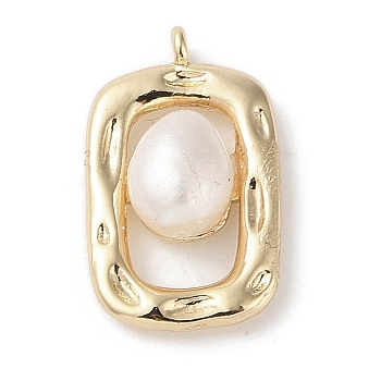 Brass Pendants with Oval Freshwater Pearl, Rectangle Charms, Real 18K Gold Plated, 19.5x12x6mm, Hole: 1.3mm