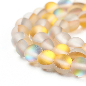 Synthetic Moonstone Beads Strands, Holographic Beads, Dyed, Frosted, Round, Yellow, 6mm, Hole: 1mm, about 60~62pcs/strand, 14~15 inch