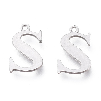 304 Stainless Steel Charms, Laser Cut, Alphabet, Stainless Steel Color, Letter.S, 12.5x8x0.8mm, Hole: 1mm