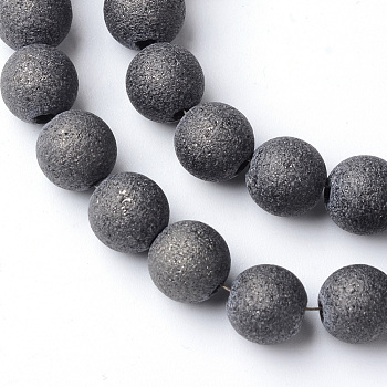 Electroplate Glass Bead Strands, Frosted Style, Round, Black Plated, 8mm, Hole: 1.5mm, about 72pcs/strand, 24.8 inch