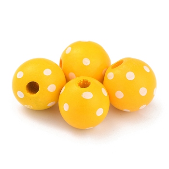 Dyed Natural Wooden Beads, Macrame Beads Large Hole, Round with Polka Dot, Gold, 16x15mm, Hole: 4mm