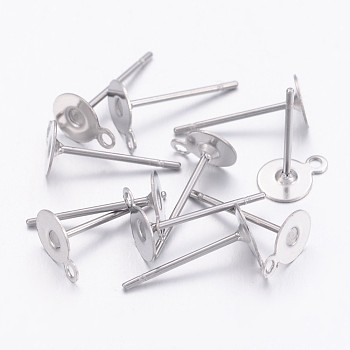 304 Stainless Steel Stud Earring Settings, Earring Posts, with Loop, Stainless Steel Color, Tray: 5mm, 7x5mm, Hole: 1mm, Pin: 0.6mm