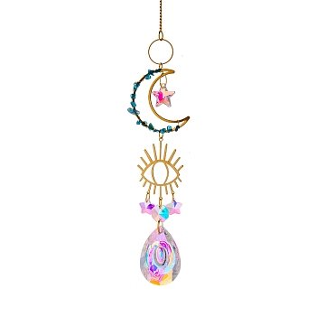 Glass Teardrop/Star Prisms Suncatchers Hanging Ornaments, with Stainless Steel Moon and Gemstone Beads, for Home, Garden Decoration, Evil Eye Pattern, No Size