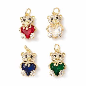Brass Micro Pave Cubic Zirconia Pendants, with Jump Rings, Cadmium Free & Lead Free, Long-Lasting Plated, Real 18K Gold Plated, Bear, Mixed Color, 18x10.5x6.5mm, Hole: 3mm