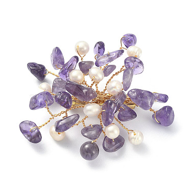 Natural Mixed Gemstone Chips & Pearl Beaded Flower Brooch Pin(JEWB-BR00098)-3