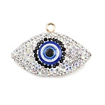 Brass Big Pendants, Horse Eye Charms, with Handmade Polymer Clay Rhinestone and Resin, Light Gold, Clear AB, 36x52~53x18~18.5mm, Hole: 4mm(CLAY-C007-03A)