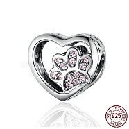 925 Sterling Silver Euorpean Beads, with Cubic Zirconia, with 925 Stamp, Large Hole Beads, Heart with Footprint, Antique Silver, 10x12mm(STER-FF0013-01)