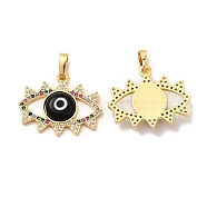 Rack Plating Brass Micro Pave Colorful Cubic Zirconia Pendants, with Handmade Evil Eye Lampwork, Cadmium Free & Lead Free, Long-Lasting Real 18K Gold Plated, Eye Charm, Black, 19x22.5x4mm, Hole: 6x3mm(LAMP-A153-03G-04)
