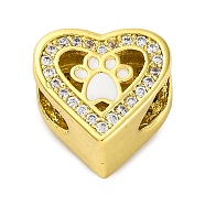 Rack Plating Brass Micro Pave Cubic Zirconia Beads with Enamel, Long-Lasting Plated, Cadmium Free & Lead Free, Heart with Paw, Real 18K Gold Plated, 11x12x8.5mm, Hole: 5mm(KK-Z081-06)