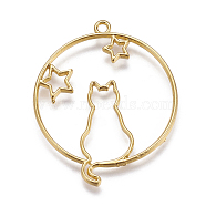 Zinc Alloy Kitten Open Back Bezel Pendants, for DIY UV Resin, Epoxy Resin, Pressed Flower Jewelry, Flat Round with Cat and Star, Golden, 43x35.5x2mm, Hole: 2mm(PALLOY-I126-02)