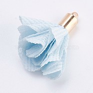 Cloth Pendant Decorations, with Brass Findings, Flower, Golden, Light Cyan, 32~34x21~27mm, Hole: 1mm(FIND-P027-D02)