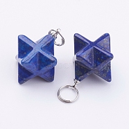 Natural Lapis Lazuli Pendants, with 201 Stainless Steel Split Rings, Merkaba Star, 23~24x17~17.5x20mm, Hole: 6mm(X-G-E398-01A)