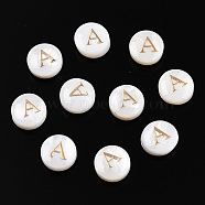 Natural Freshwater Shell Beads, with Golden Plated Brass Etched Metal Embellishments, Flat Round with Letter, Letter A, 7.5~8x4~5mm, Hole: 0.8mm(SHEL-N036-01A)