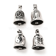 Tibetan Style 304 Stainless Steel Pendants, Guardian Bell Charm, Antique Silver, Praying Hands/Skull/Trinity Knot/Yin Yang Pattern, Mixed Patterns, 35x26mm, Hole: 9x6mm(STAS-K243-13AS)