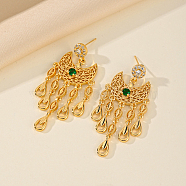 Golden Crescent Moon Tassel Brass Dangle Stud Earrings, with Cubic Zirconia, Fashionable Bridal Accessories, Green, 55x25mm(TM2234-4)