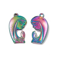 Ion Plating(IP)  304 Stainless Steel Pendants, Female Prayer Charms, Rainbow Color, 25x13.5x3mm, Hole: 1.6mm(STAS-G278-12M)