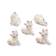 Opaque Resin Pendants, with Platinum Tone Iron Loops, Fox Charm, White, 24.5x21.5x13mm, Hole: 2mm(X-RESI-D057-17P)