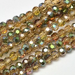 Faceted(32 Facets) Round Half Rainbow Plated Electroplate Glass Beads Strands, Dark Khaki, 4mm, Hole: 1mm, about 90~94pcs/strand, 35~36cm(EGLA-J130-HR15)