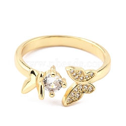 Brass Micro Pave Cubic Zirconia Cuff Ring, Long-Lasting Plated, Butterfly & Flat Round, Real 18K Gold Plated, US Size 6 1/2(16.9mm)(RJEW-F116-20G)