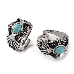 Oval Synthetic Turquoise Cuff Rings, Cross Alloy Wide Open Rings for Women, Cadmium Free & Lead Free, Antique Silver, 18mm, Inner Diameter:  Adjustable (RJEW-B107-14AS-01)