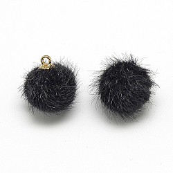 Faux Mink Fur Covered Charms, with Golden Tone Brass Findings, Round, Black, 12~14x10mm, Hole: 1.5mm(WOVE-S084-36C)