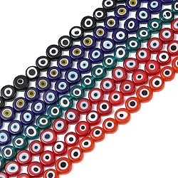 Handmade Evil Eye Lampwork Beads, Flat Round, Mixed Color, 11.5~12.5x5.5~5.8mm, Hole: 1.4mm, about 32pcs/strand, 14.17 inch(36cm)(LAMP-C028-02)