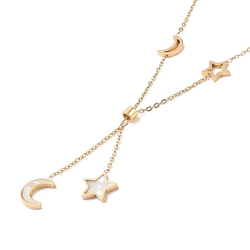 Resin Shell Star and Moon Pendant Lariat Necklace, Ion Plating(IP) 304 Stainless Steel Jewelry for Women, Golden, 15.16 inch(38.5cm)