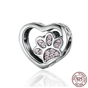 925 Sterling Silver Euorpean Beads, with Cubic Zirconia, with 925 Stamp, Large Hole Beads, Heart with Footprint, Antique Silver, 10x12mm