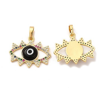 Rack Plating Brass Micro Pave Colorful Cubic Zirconia Pendants, with Handmade Evil Eye Lampwork, Cadmium Free & Lead Free, Long-Lasting Real 18K Gold Plated, Eye Charm, Black, 19x22.5x4mm, Hole: 6x3mm