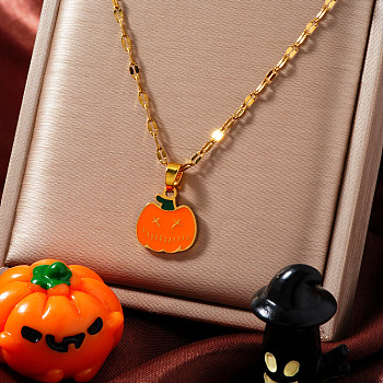 Stainless Steel Enamel Halloween Pumpkin Pendant Dapped Chain Necklaces, Golden, Orange Red, 15.75 inch(40cm)