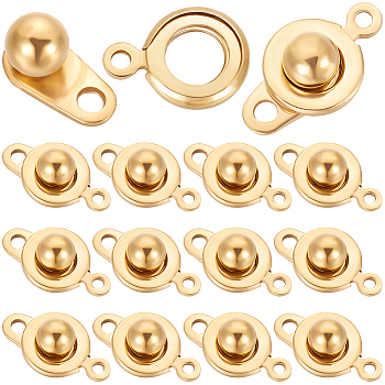 20Pcs 201 Stainless Steel Snap Clasps, Flat Round, Real 24K Gold Plated, 15x9x5mm, Hole: 1.5mm and 2mm