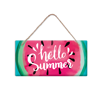 PVC Plastic Hanging Wall Decorations, with Jute Twine, Rectangle with Word Hello Summer, Colorful, Watermelon Pattern, 15x30x0.5cm