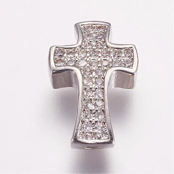 Brass Micro Pave Cubic Zirconia Beads, Cross, Platinum, 14x9x4mm, Hole: 1.5mm