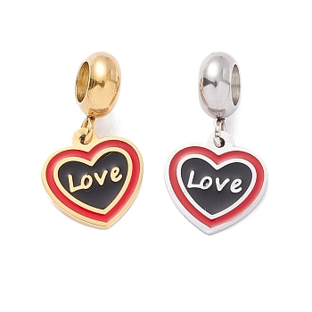 304 Stainless Steel European Dangle Charms, Large Hole Pendants, with Enamel, Golden & Stainless Steel Color, Heart & Word Love, Red, 21mm, Hole: 4.5mm