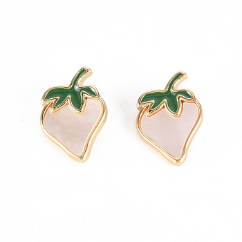Brass Enamel Charms, with Freshwater Shell, Nickel Free, Strawberry, Real 18K Gold Plated, 14.5x10x4.5mm, Hole: 1.8mm