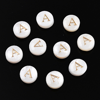 Natural Freshwater Shell Beads, with Golden Plated Brass Etched Metal Embellishments, Flat Round with Letter, Letter A, 7.5~8x4~5mm, Hole: 0.8mm