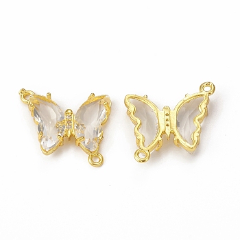 Glass Connector Charms, with Brass Findings, Butterfly, Clear, 21x26x4mm, Hole: 1.5mm