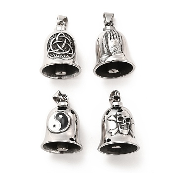 Tibetan Style 304 Stainless Steel Pendants, Guardian Bell Charm, Antique Silver, Praying Hands/Skull/Trinity Knot/Yin Yang Pattern, Mixed Patterns, 35x26mm, Hole: 9x6mm