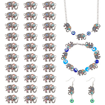 Elite Alloy Enamel Connector Charms, Elephant with Evil Eye, Antique Silver, Colorful, 22x13x2mm, Hole: 1.8mm, 30pcs/box