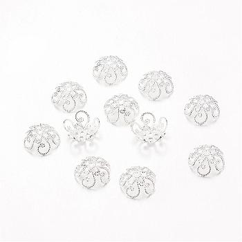 5-Petal Filigree Brass Bead Caps, Silver Color Plated, 10x4.5mm, Hole: 1mm