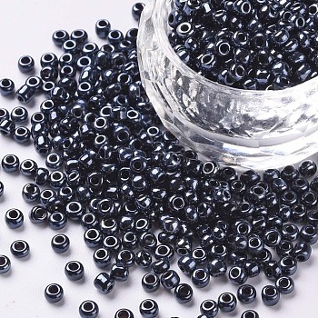 8/0 Glass Seed Beads, Metallic Colours, Black, 3mm, Hole: 1mm, about 10000pcs/pound