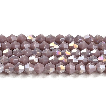 Opaque Solid Color Electroplate Glass Beads Strands, AB Color Plated, Faceted, Bicone, Medium Purple, 4x4mm, Hole: 0.8mm, about 87~98pcs/strand, 12.76~14.61 inch(32.4~37.1cm)