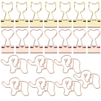 14Pcs 2 Style Cat & Heart Iron Binder Clips, and 7Pcs Elephant Notes Letter Paper Clip, Office Supplies, Golden & Rose Gold, 36~39x19~19.5x1~8mm