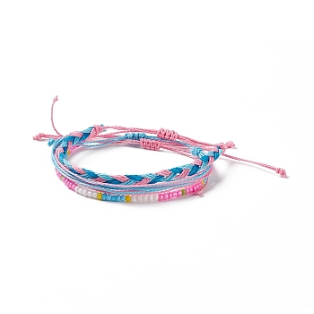 3Pcs 3 Style Plastic Braided Bead Bracelets Set, Waxed Polyester Cord Adjustable Bracelets for Women, Pink, Inner Diameter: 2~4-1/4 inch(5.1~10.7cm), 1Pc/style